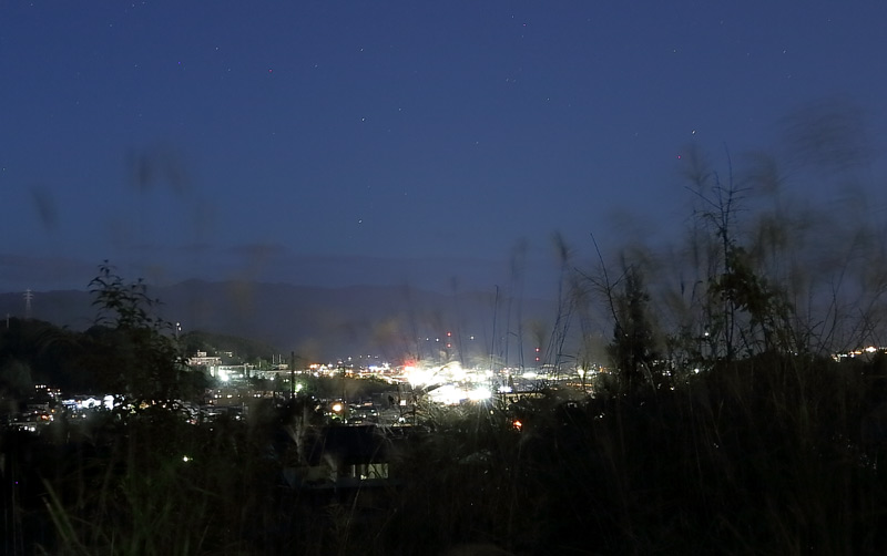 飛騨の里からみた夜景と風に揺れるススキ